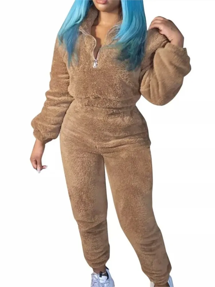 

Woman's Warm Plush Long Sleeves Two-piece Set Autumn Solid Half-open Collar Top Skinny Pants Suit Winter Ladies Comfort Outfit