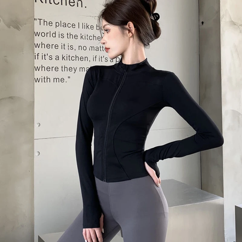 2026 Herbst Slim Fit Langarm-T-Shirt für Damen mit Reißverschluss, Taillenbetontes Yoga-T-Shirt, Eng Anliegendes UV-Schutz Crop-Top – Detail 12