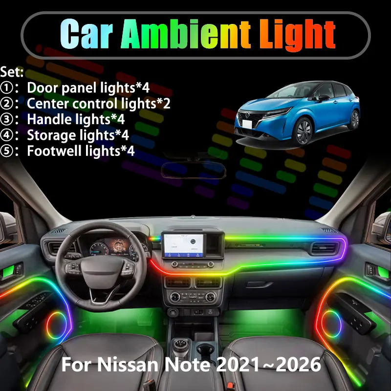 

For Nissan Note 2021~2026 MK3 3th 3rd E13 2/18 in 1 Car ambient lighting Led trunk interior led lights USB RGB Ensemble Streamer