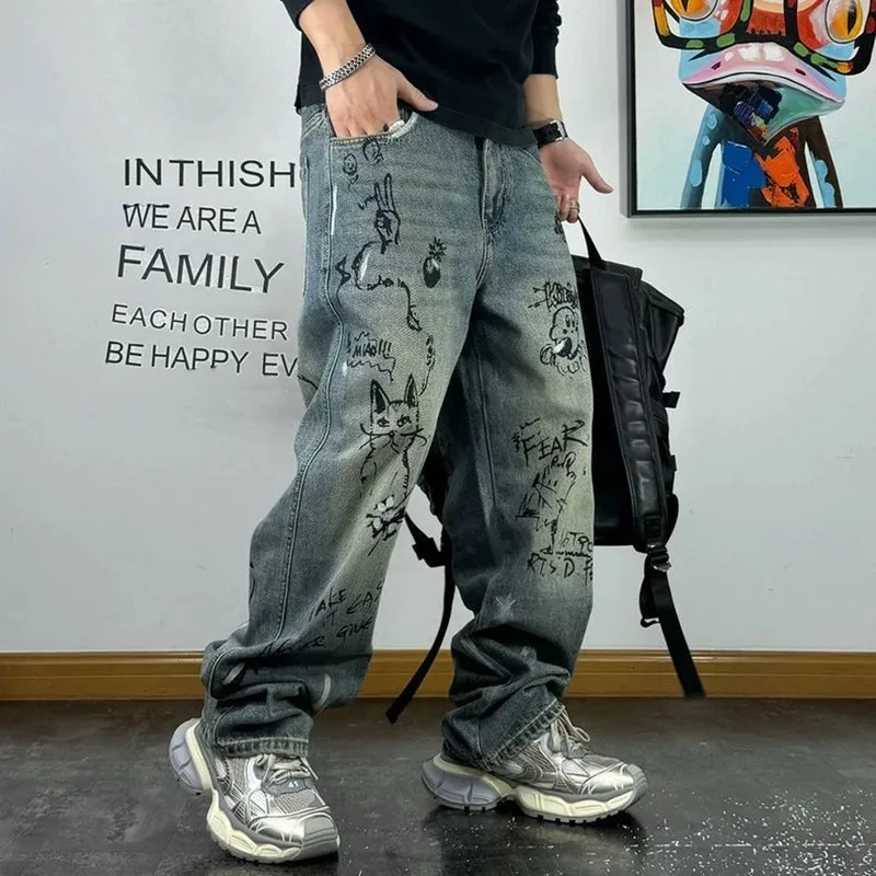 Autumn and Spring Fashion Trend Printed American Vintage Straight Leg Jeans Men's Casual Loose Sports High Quality Denim Pants