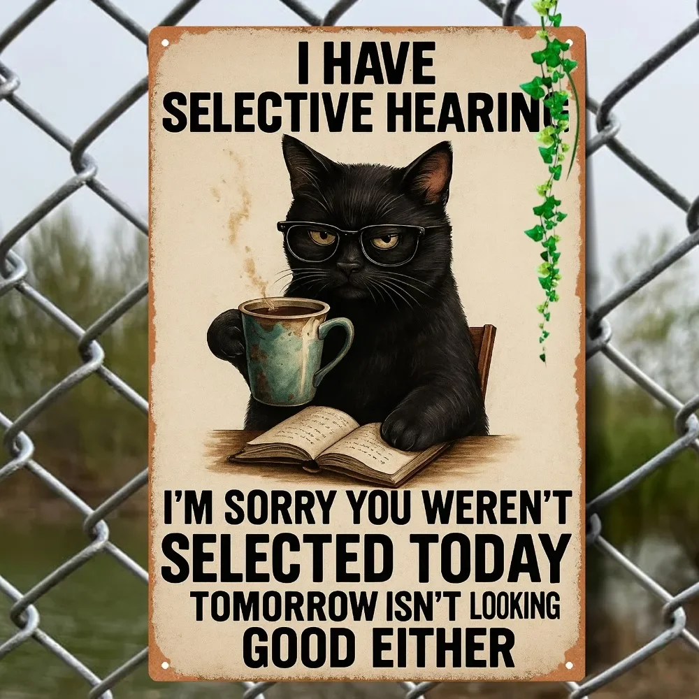 Black Cat Coffee Humor Iron Metal Tin Sign 8x12inch Funny Wall Decor Plaque for Office Bar