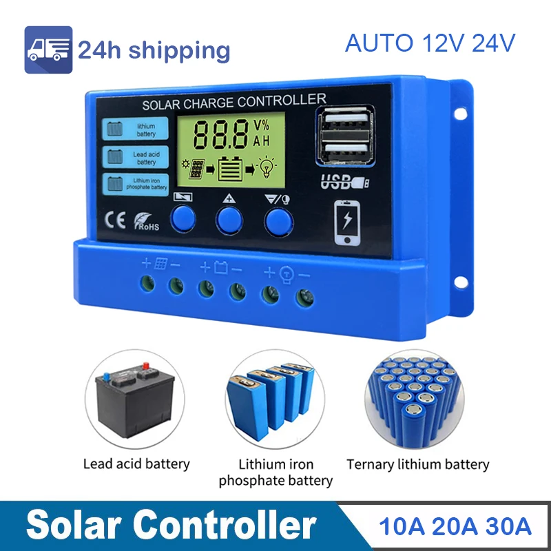 

Solar Charge Controller 12V 24V PWM 10A 20A 30A with Adjustable LCD Display Dual USB Port Timer Setting Auto Parameter