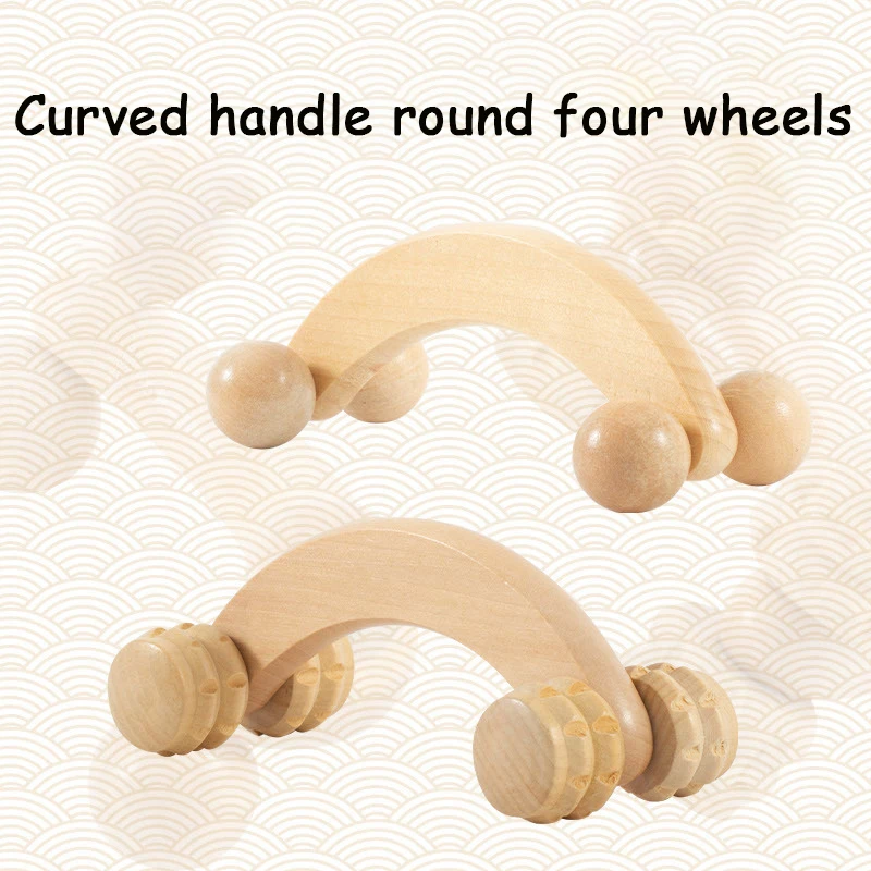 Factory Direct Sales Wooden Curved Handle Tooth Four-Wheel Massager Leather Four-Wheel Roller Massager Abdominal Round Four-Whee