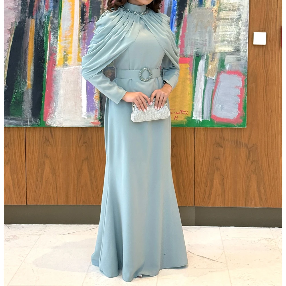 

Вечерние платья трапециевидной формы по индивидуальному заказу, длиной до пола, с высоким воротником и длинными рукавами, платье для выпускного вечера, модное драпированное вечернее платье с кристаллами и поясом