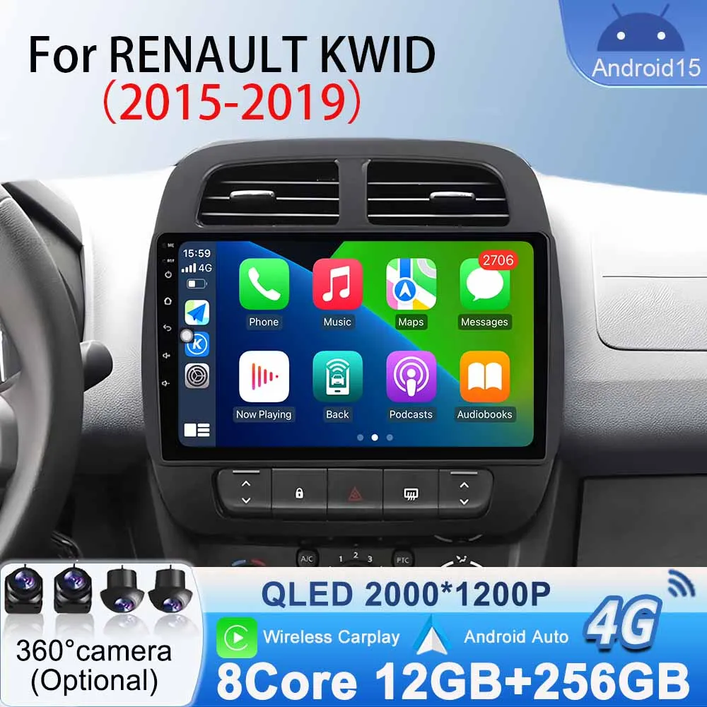 

For Renault Kwid 2015 2016 2017 2018 2019 Carpaly Android Auto Radio Multimedia Video Player Bluetooth Navigation GPS Android 15