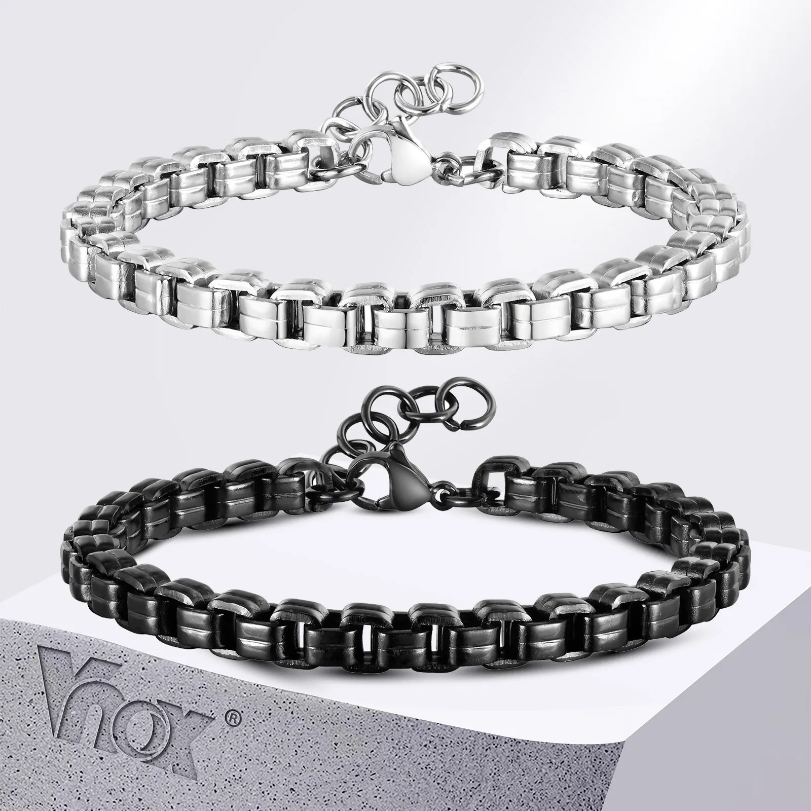 

Vnox 5.3mm Round Box Chain Bracelets for Men Boys, Adjustable Stainless Steel Rolo Links Wristband, Simple Metal Jewelry