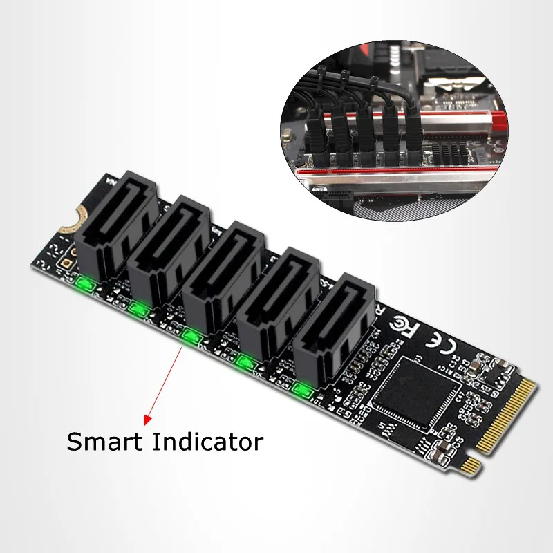 

M.2 NVME TO SATA 3.0 Expansion Card M2 PCIe Sata 6G 5 Ports Hard Disk Adapter Card Computer Expansion JMB585 Support PM Function