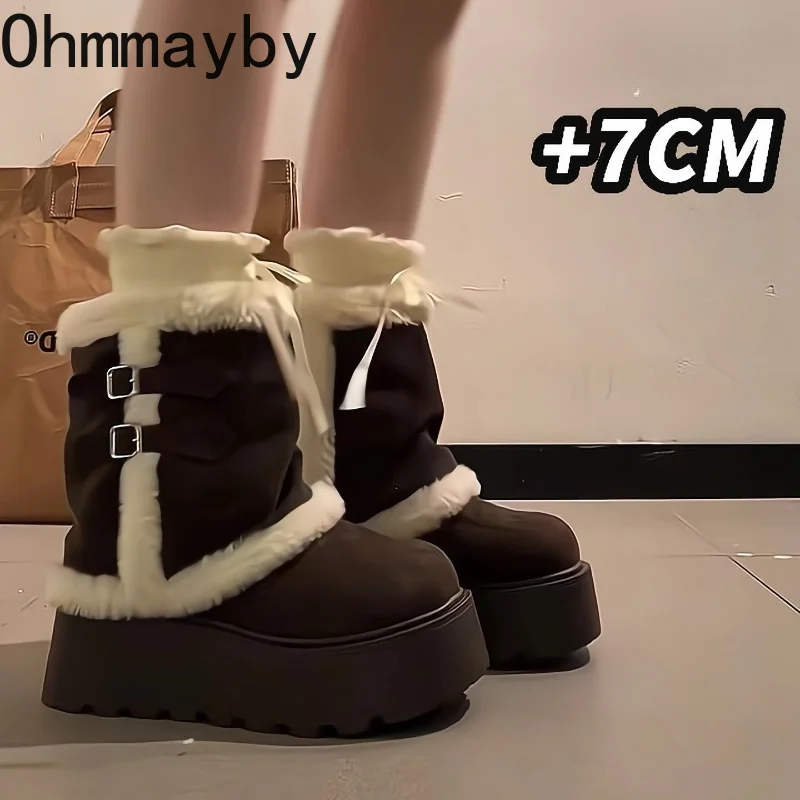 Keep Warm Fur Lining Women Snow Boots Comfort Height Increase Cotton Shoes Winter Women's Slip On Chunky Short Booties