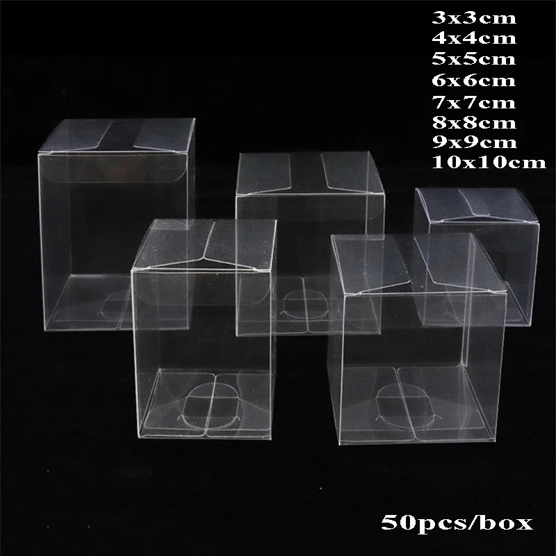 50pcs PVC Transparent Gift Box Collapsible Candy Biscuit Square Clear Plastic Boxes Packing Resealable Wedding Party Gift Box