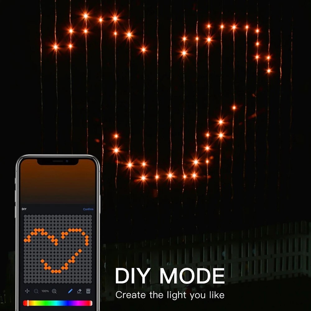 Smart Light String Led Curtain Lamp Bluetooth App Music Sync DIY Picture Display Text String for Festival Party Proposal Atmosp