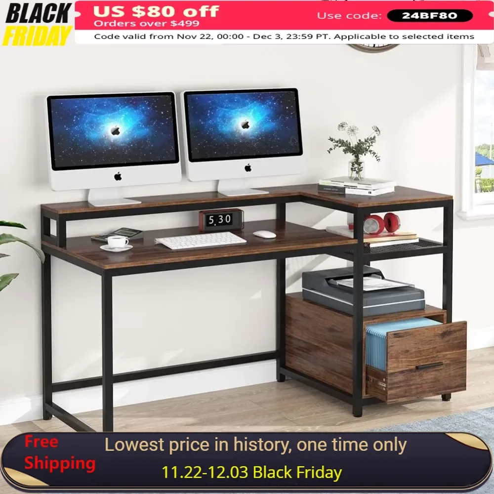 

59 Inch Computer Desk with File Drawer and Monitor Shelf, Large Rustic Home Office Workstation, Writing Desk