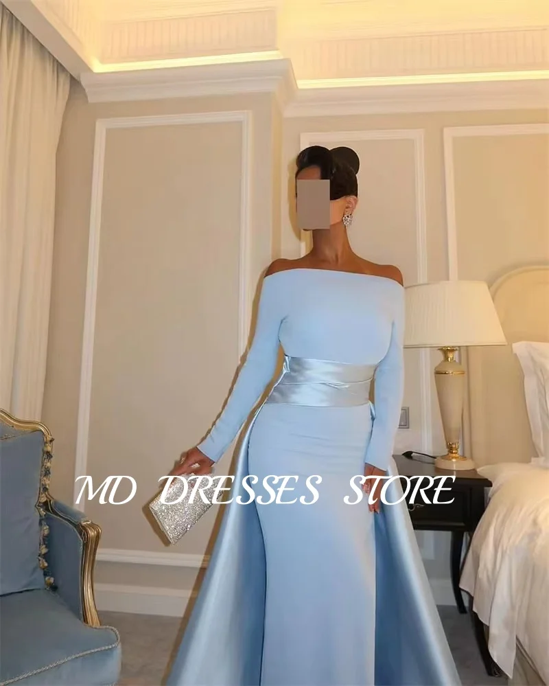 MD Elegant Off Shoulder Mermaid Evening Dress Dubai Arabic Women Long Sleeve Sweep Train Prom Gowns Vestidos Customized 2025