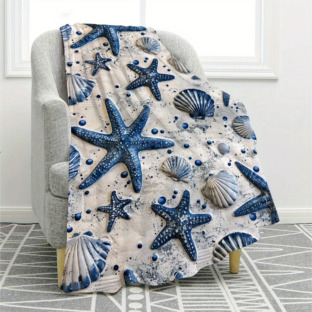 1pc Nautical Starfish and Shell Pattern Blanket, Machine Washable, Polyester Fabric, Suitable for Bedroom Living Room Sofa
