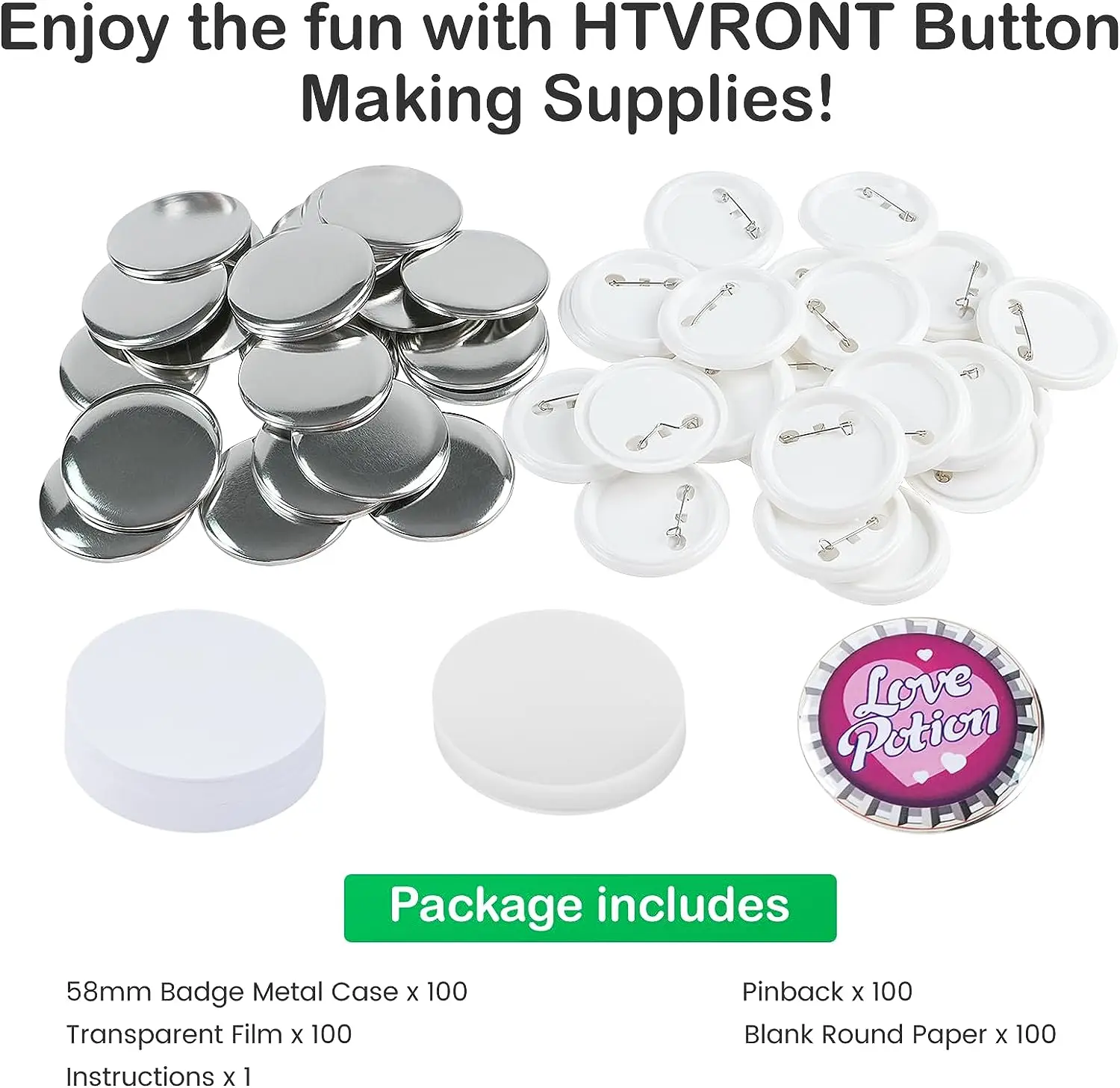 HTVRONT 100 Pcs Plastic Button Pins for Button Maker Machine 58mm Round Badge Making Supplies with Plastic Shell Back Cover