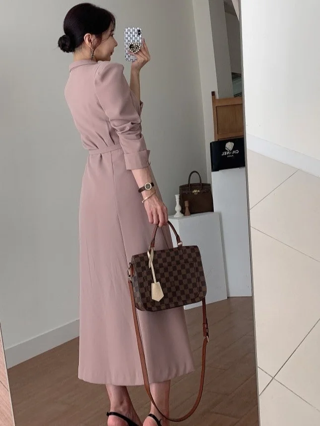 

Ele Spring Long Coat Sle Dr with Double Breasted Tie Waist Pure Color Suit Collar Chic Women's Faion Spring Dr