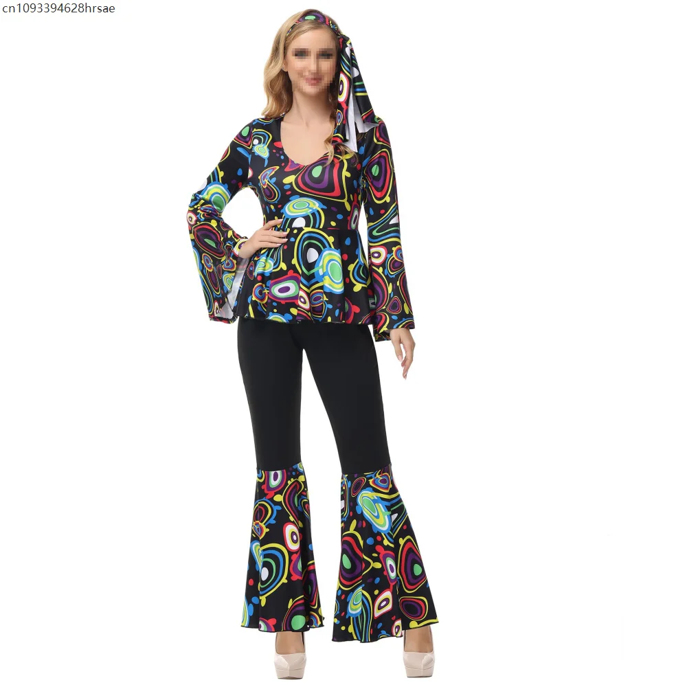 Damski strój disco hippie lata 70. kostium retro błyszcząca suknia balowa dzwony fantazyjny strój kostiumy na Halloween cosplay