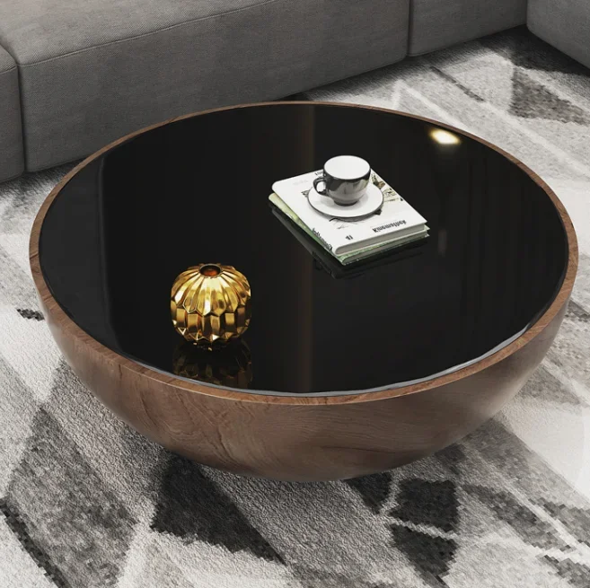 Black and white round tempered glass storage, large bowl, coffee table, small apartment, light luxury