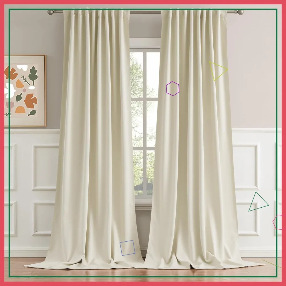 

2 Panels 132 Inch Extra Long Curtains for High Ceilings Rod Pocket Back Tab Beige Faux Silk