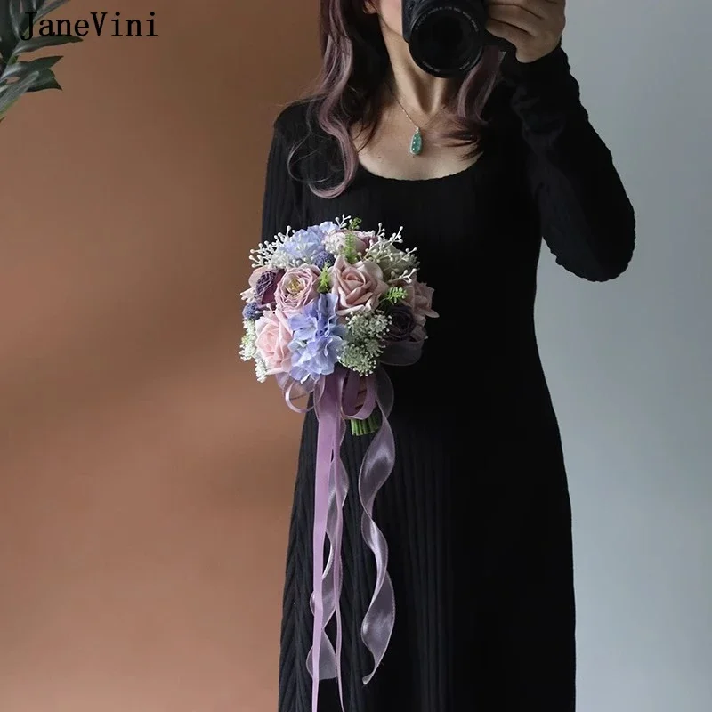 Janevmini-花嫁の花の花束,手作りの人工バラ,ピンクと紫,結婚式,写真アクセサリー