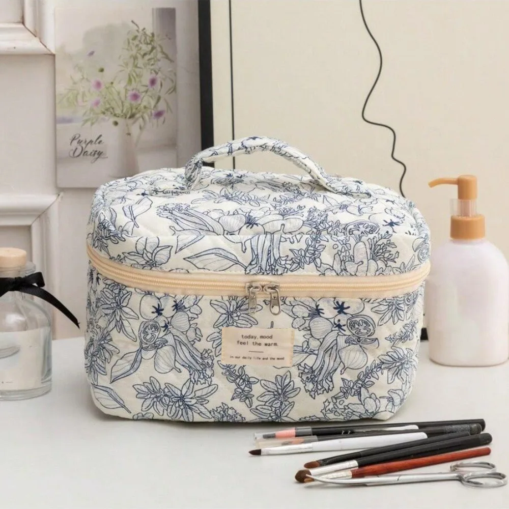 Large Capacity Quilting Cotton Makeup Bag Cloth Handbag Flower Printed Floral Cosmetic Bag Soft Storage Organizer