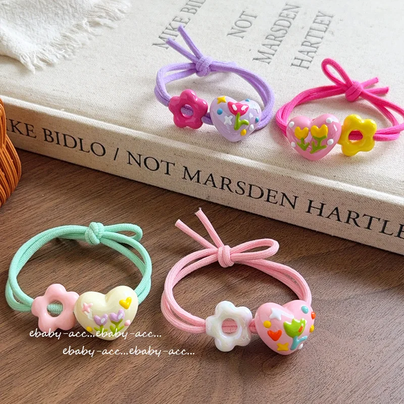 Hair Ties Kids Korean Style Painted Heart High Elasticity Hair Friendly Colorful Elastic Rubber Ponytail Bun Lightweight