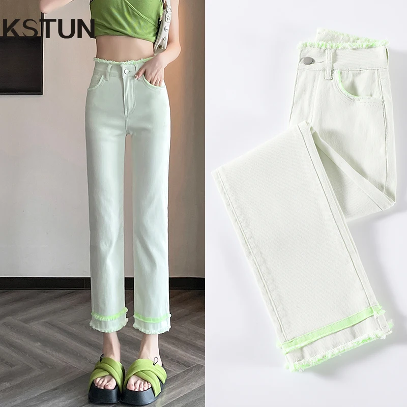 

KSTUN Women Cropped Jeans Slim Straight White Stretch Ankle Length Pants Lady Fringed Jeans High Waist Washed Trendy Patchwork