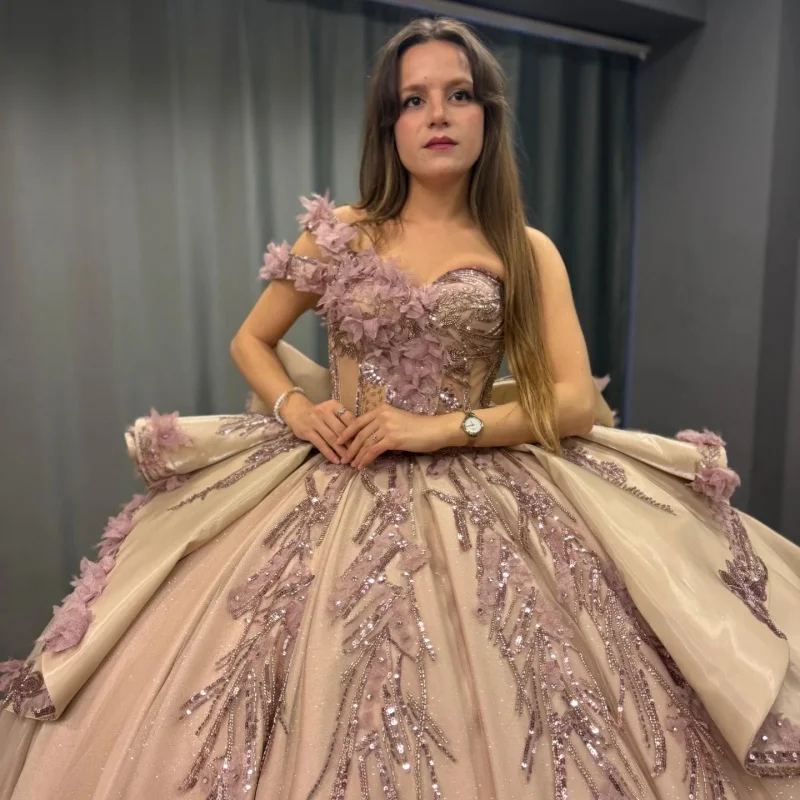 

Light Champagne Quinceanera Dresses off-shoulder 3D Flower Decal Lace Layering Ruffle Long tail Bow Vestido De 15 Quinceaneras
