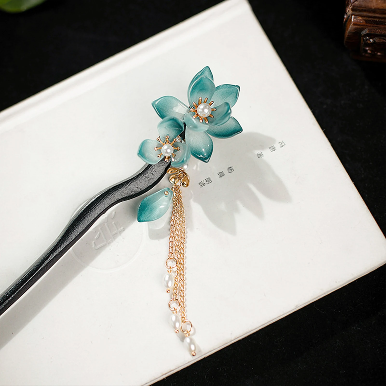 Chinese Hair Stick Ebonized Wood Floral Fringed Headwear Vintage Pearl Hairpin Forks For Women Classic Han Costume Hair Jewelry image 4