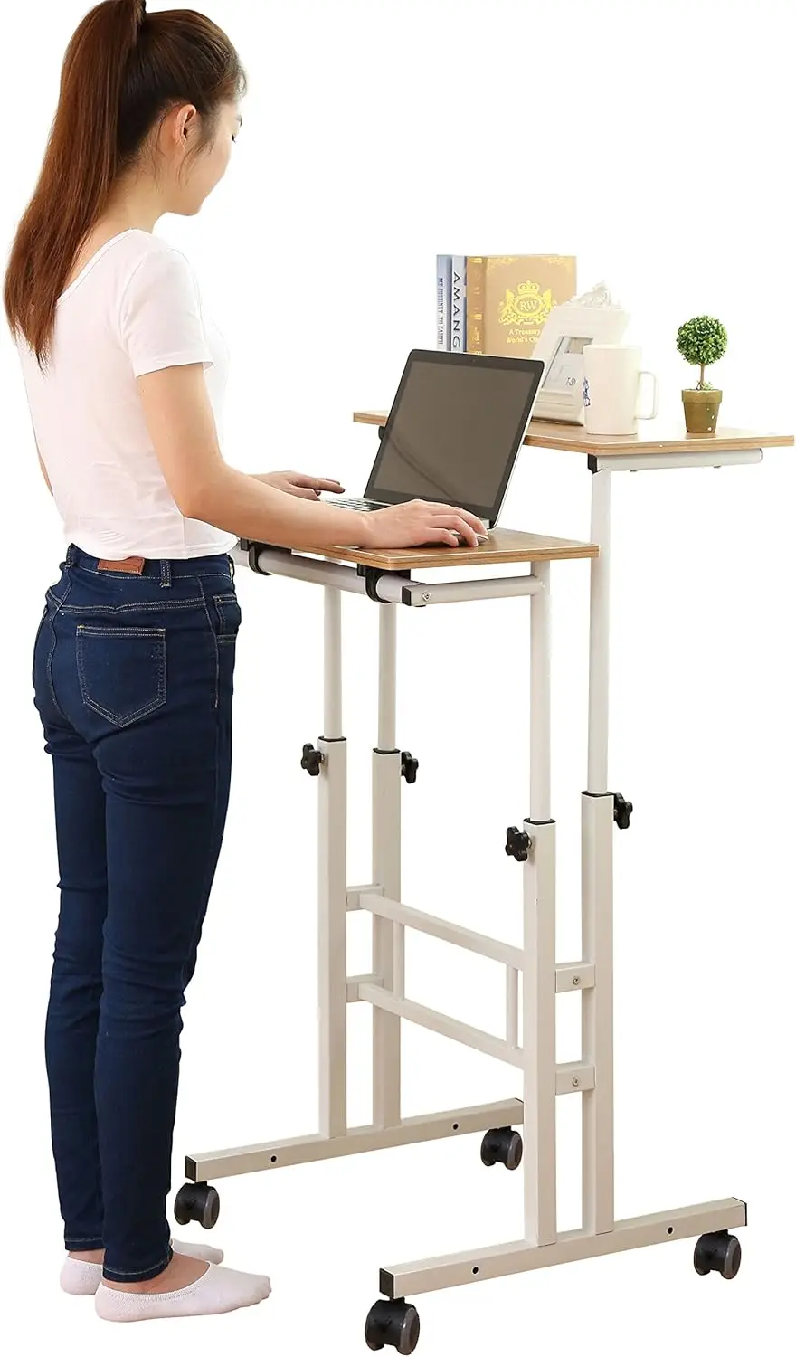 mobile Stand Up Desk Height Adjustable 2 Inches Carpet Wheels Home Office Furniture Dark Grain Standing & Seating Options