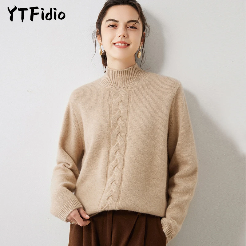 

YTFidio 100% cashmere Women Half High Collar Solid Knitwear Soft Warm Streetwear Turtleneck Pullover Female Tops 10