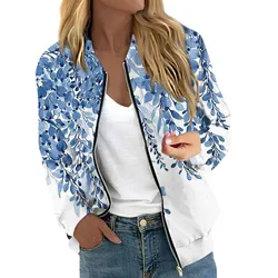 Women Elegant Zipper Bomber Jackets Spring Autumn Floral Printed Jackets Casual Coat Retro Outwear  Round Neck Zipper Jackets