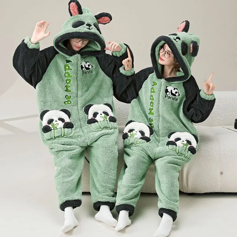 Kawaii Panda Sleepwear Women Men Kids Pajamas Onesie Winter Thicken Pyjamas Jumpsuit Zipper Funny Cute Christmas Family Pajamas