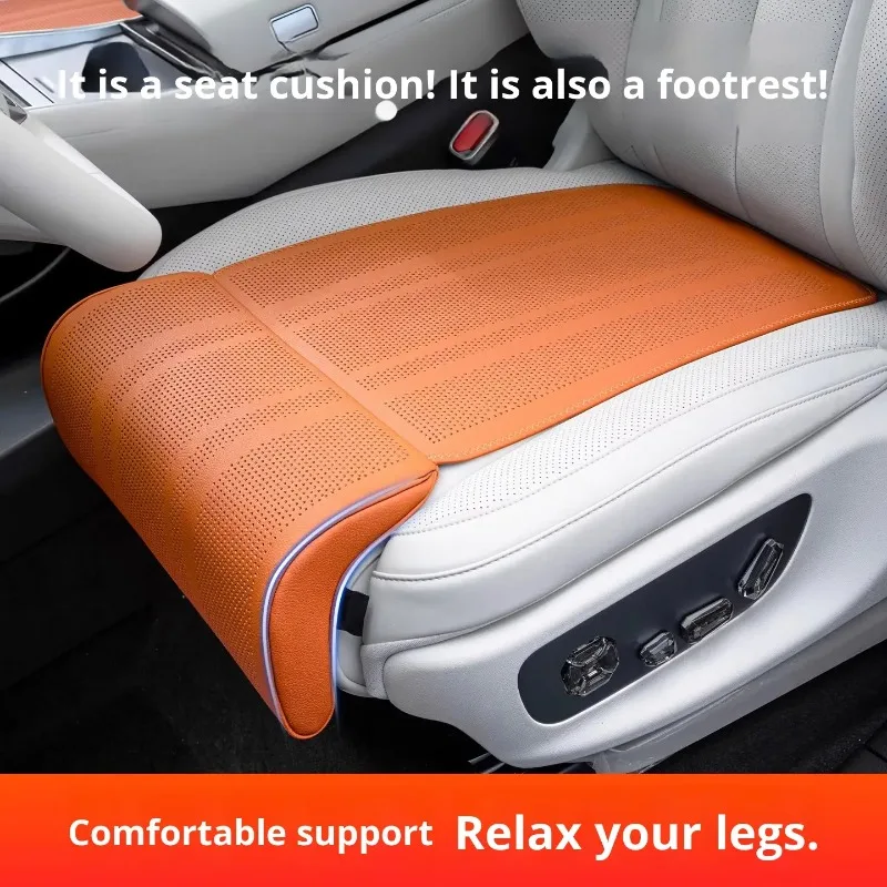 

1 шт. Всесезонная роскошная подушка-подставка для ног для автомобиля - Вентилируемая кожаная накидка на сиденье с перфорацией и удлиненной подставкой для ног