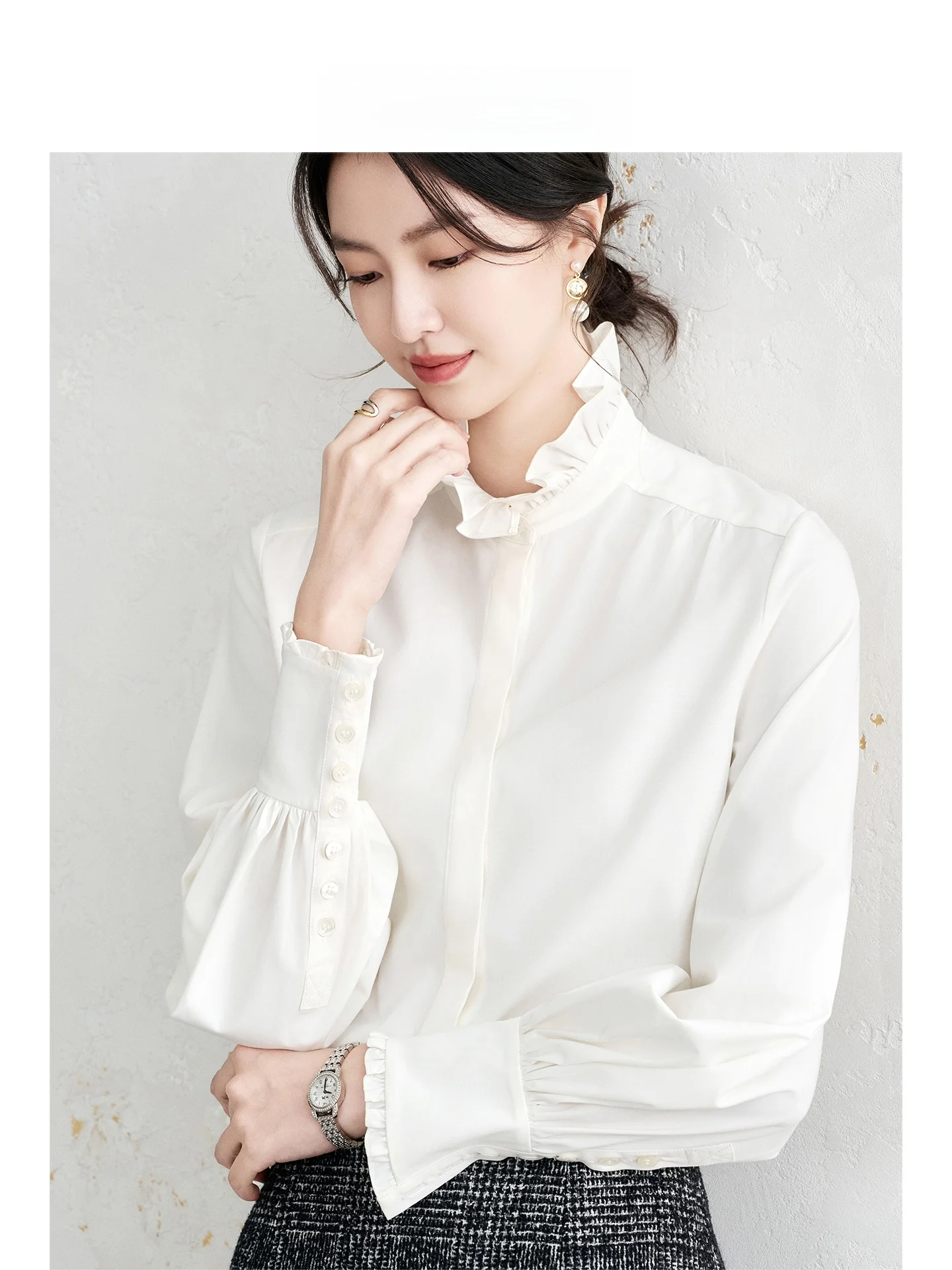 

OffiY осень-зима длинный воротник-стойка irt French Sle Slim Fit женский дышащий полиэстер из смеси бамбукового вискозы