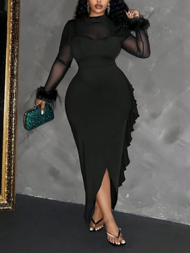 

Mesh Patchwork Dresses For Women Fashion Sexy Streetwear Full Sleeve See Through Turtle Neck Slim Fit Long Vestidos Robes Female