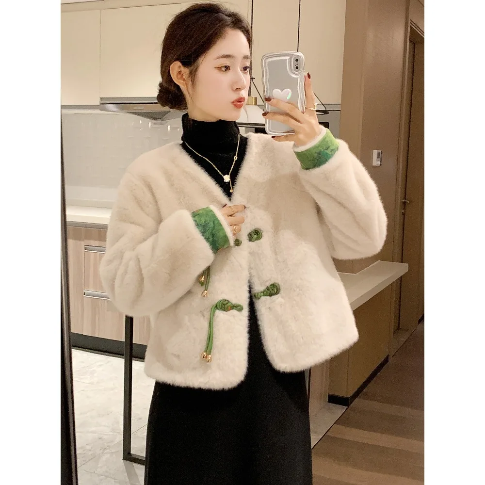 

Куртки из искусственного меха с v-образным вырезом, однобортные белые плюшевые пальто из искусственной норки, винтажные роскошные меховые куртки, пушистые теплые толстые тонкие китайские куртки