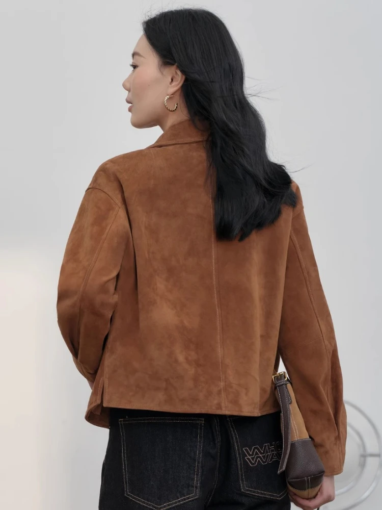 Vintage Genuine Leather Cropped Jackets for Women Spring Autumn 2025 New High-end Solid Classic Simple Real Sheepskin Suede Coat
