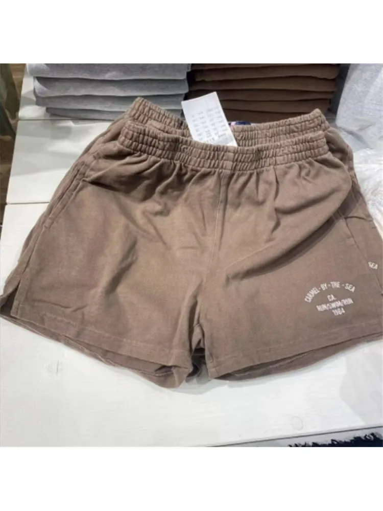 Casual Women Fashion Brown Letter Printed Shorts 2023 Summer Vintage High Elastic Waist Female Chic Bottoms