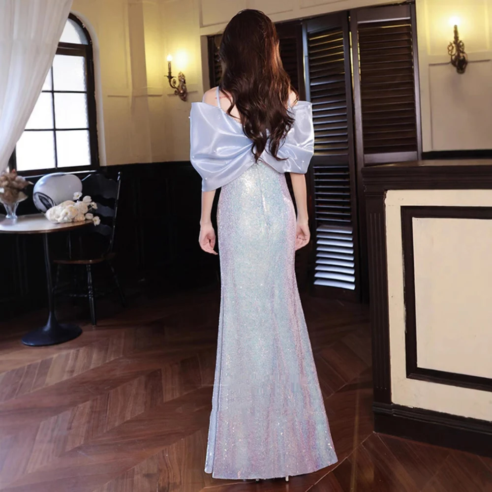 Luz de luxo vestido de noite feminino 2025 novo fora do ombro quinceanera festa vestido elegante lantejoulas feminino fishtail vestido de baile