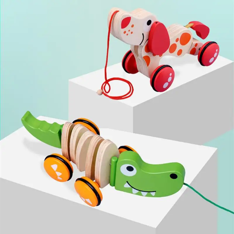 Wood Walking Pull Toys Toddler Toy Pull Along Puppy Wooden Walking Toy Push Developmental Pull Toys Kids Toy With String For