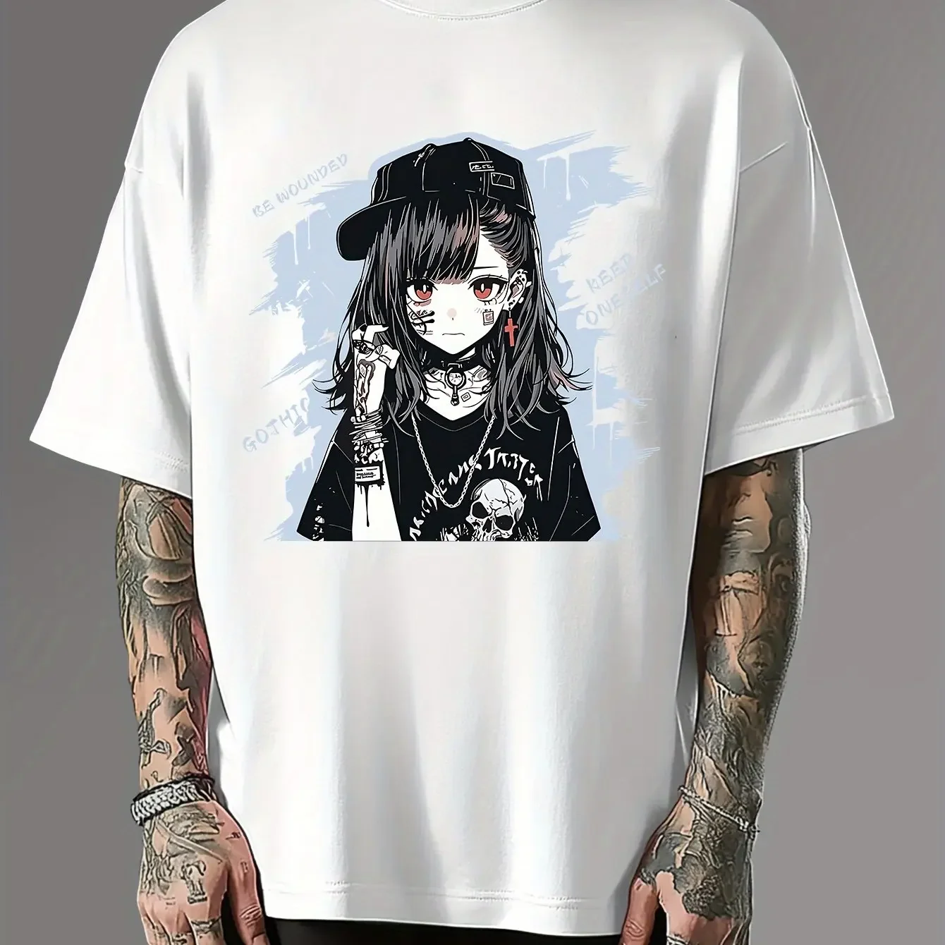 Men's 100% Cotton T-shirt Edgy Anime Girl Graphic Tee Casual Daily Streetwear O-neck Short Sleeve Top For Gothic Style Fans