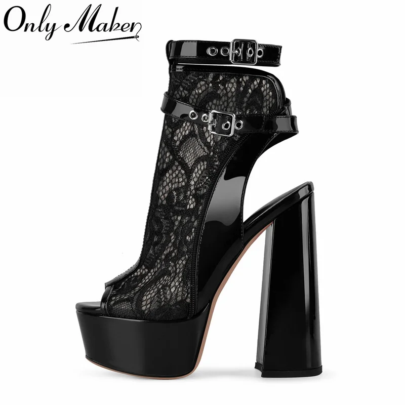 

Onlymaker Women Lace Peep Toe Ankle Strap Block Heel Booties Sandals Chunky Square Heels Party Buckle Strap Block Heel Sandals