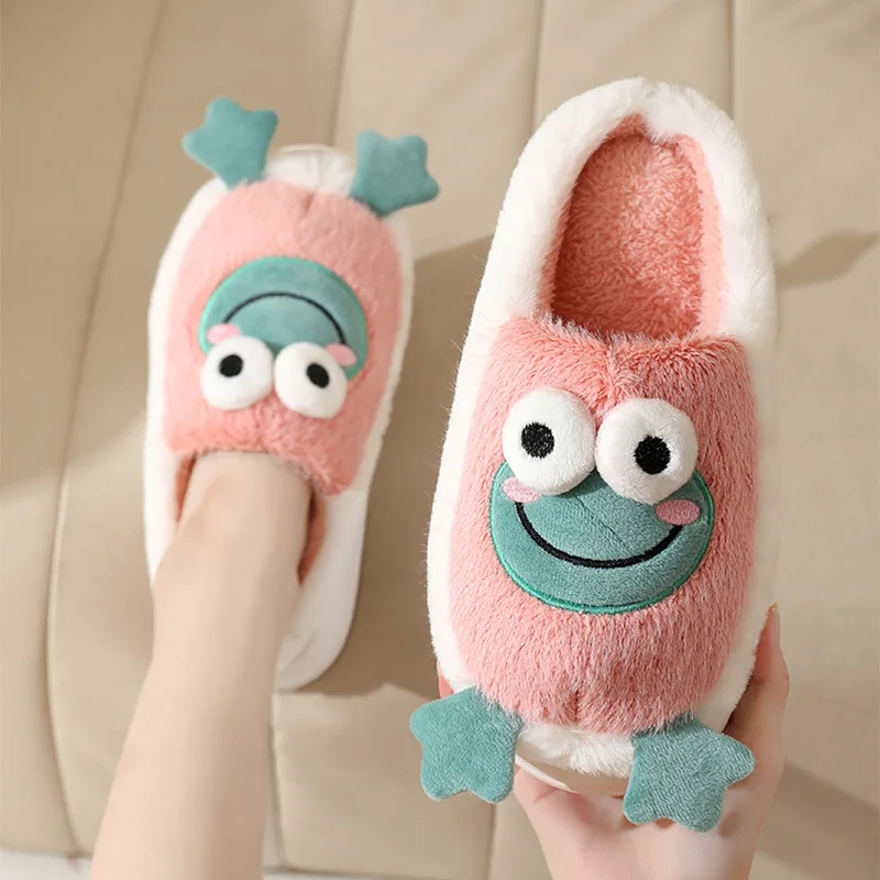 New Winter Kawaii Frog Pattern Plush Slippers Thick Bottom Home Cartoon Cotton Shoes Woman Indoor Non Slip Fluffy Fur Slippers