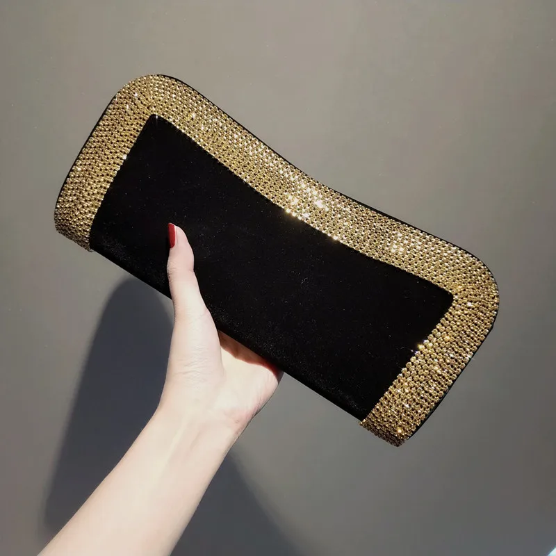 

2023 New Velvet Evening Clutch Bags Bling Gold Metal Wedding Wallets Fashion Evening Bags Black Purse Drop Shipping