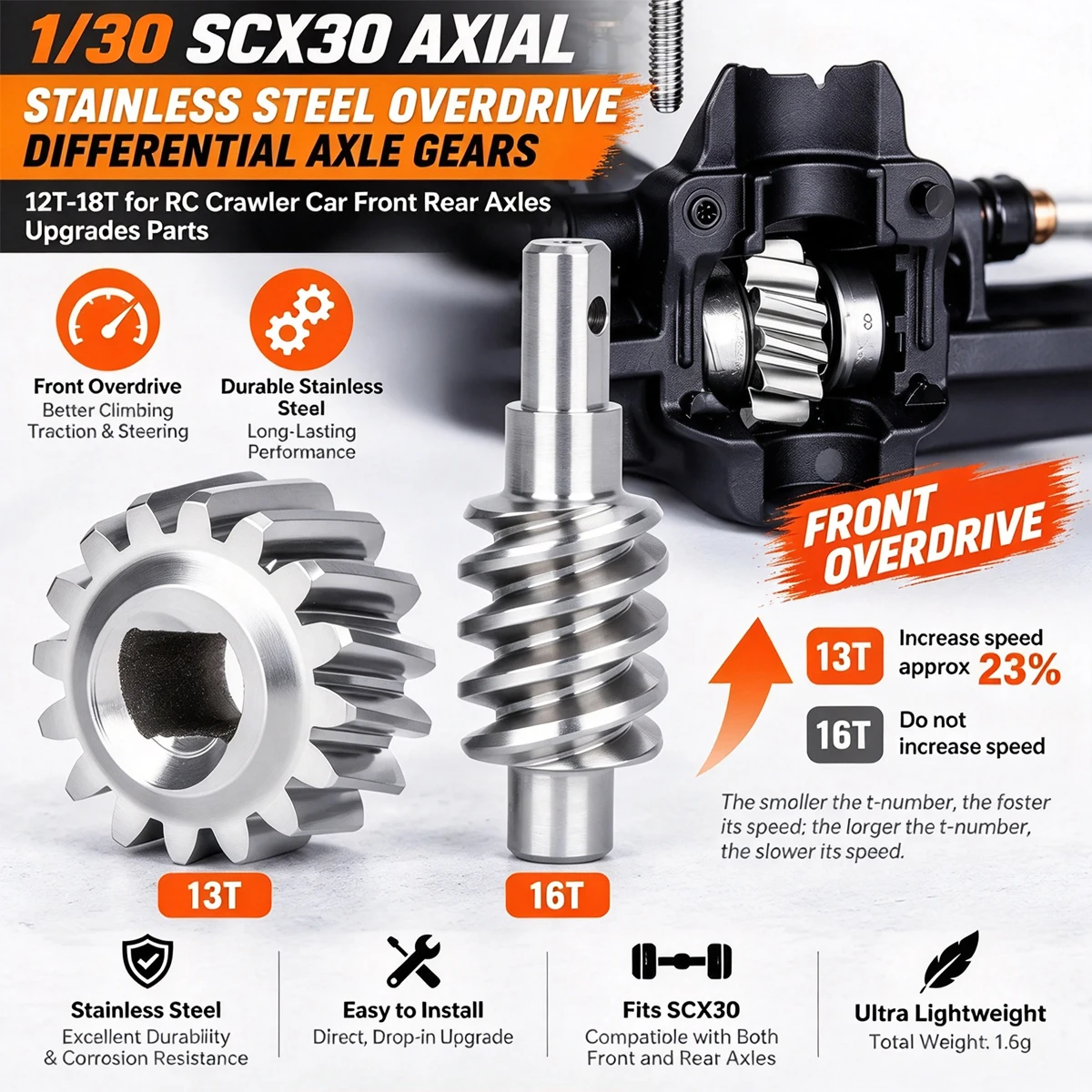 1/30 SCX30 Axial Stainless Steel Overdrive Differential Axle Gears 12T-18T for RC Crawler Car Front Rear Axles Upgrades Parts