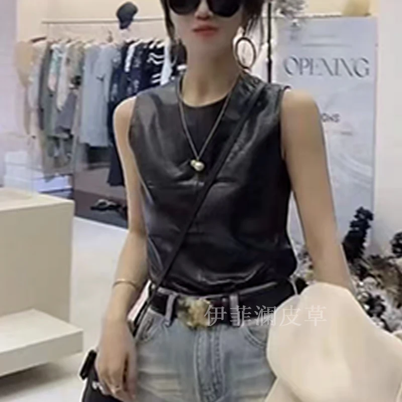 

Женский жилет из натуральной кожи eep, облегающий свободный жилет большого размера, весна-осень, модный круглый жилет Ne