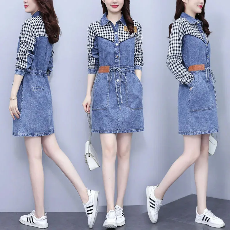 New Women's Plaid T-Shirt Denim Dress Spring Autumn Loose Casual Long-Sleeved Dresses Long Oversized Fashion Female Dresses 5XL