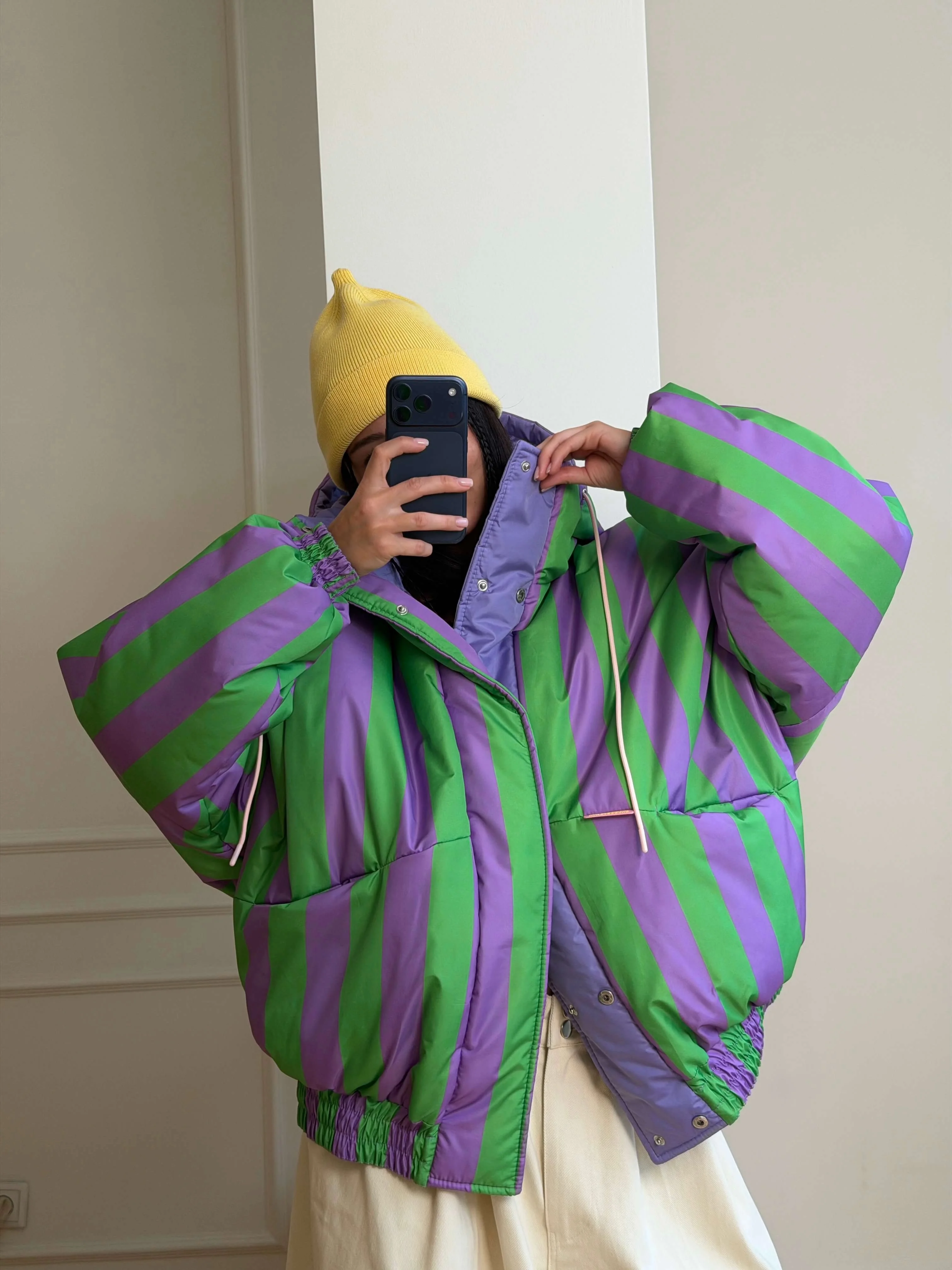 Ladies Loose Fit Colorful Striped Puffer Jacket Oversized Stand Collar Drawstring Hem Warm Winter Trendy Street Outerwear Coat