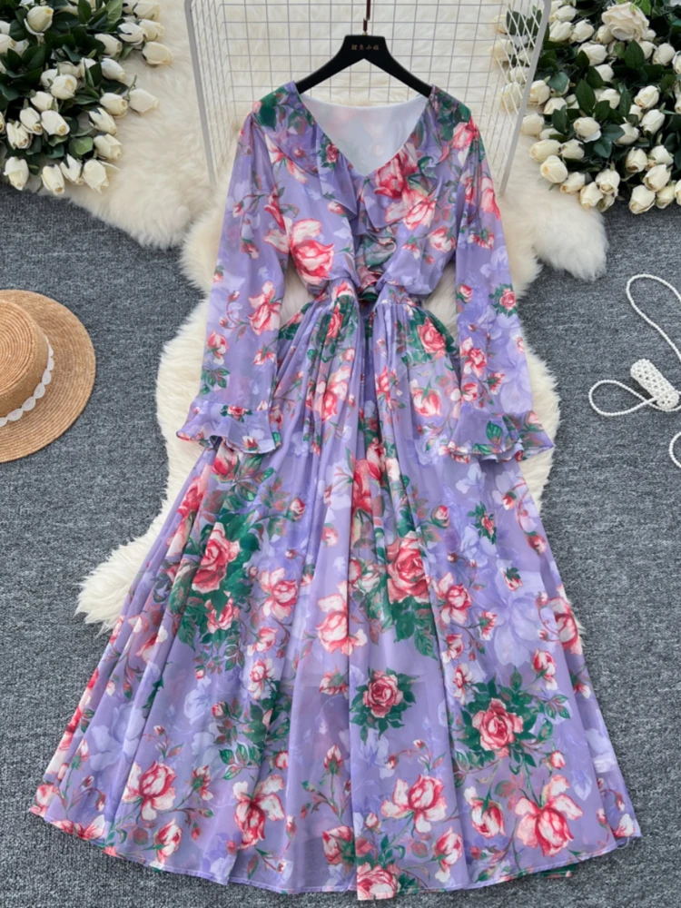 Maxi Dresses for Women Korean Vintage Robe Femme 2024 Vestidos De Mujer Flare Sleeve V-neck Floral Ruffles Loose Autumn Dress WJ