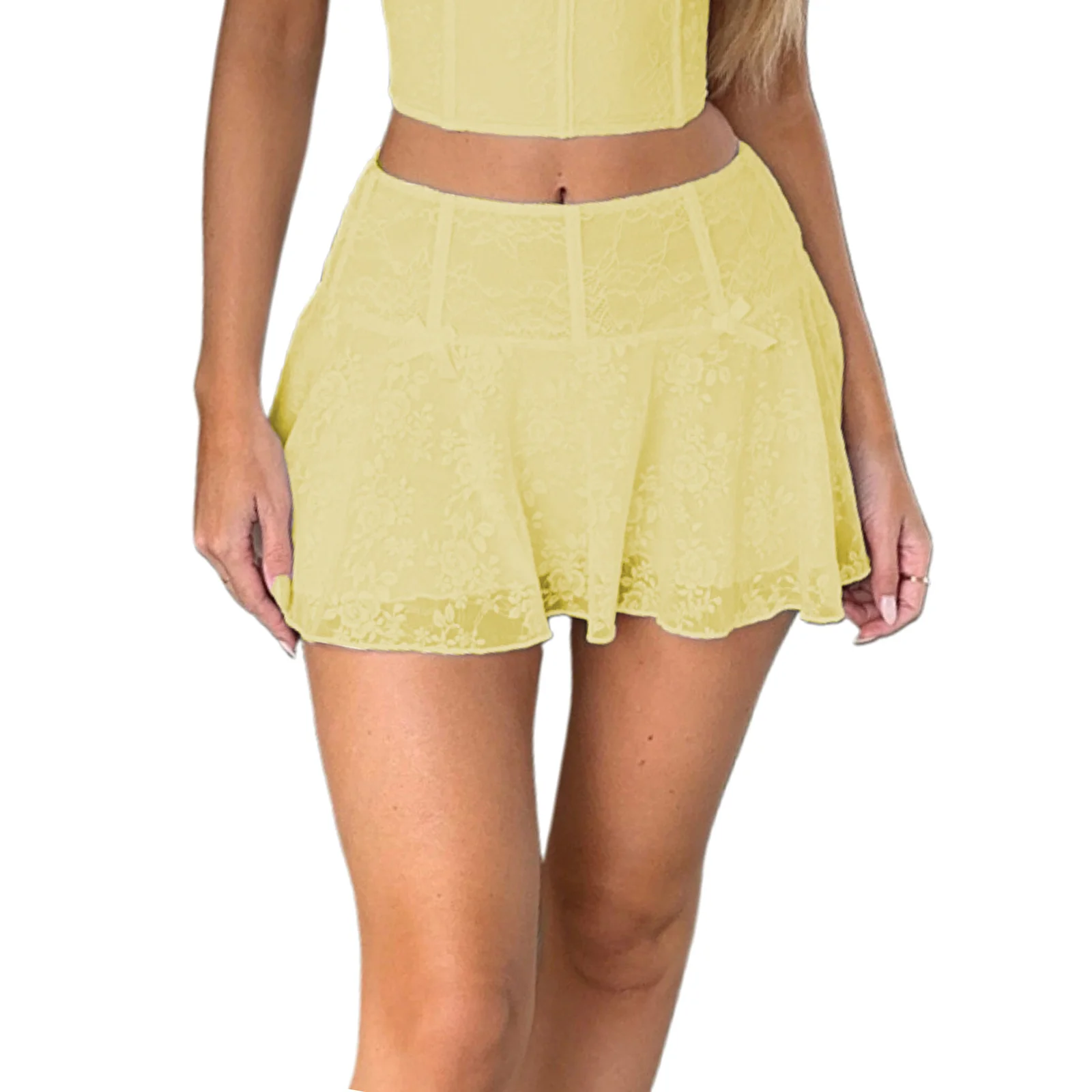 Women Lace Bows Mid-Low Rise Lined Summer Cute Flowy Mini Skirts A-Line Short Skirts Clubwear